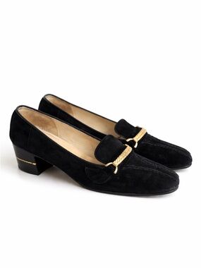 Gucci Black Suede Horsebit Loafer Pumps Gold Bit Vintage Made in Italy Black 8